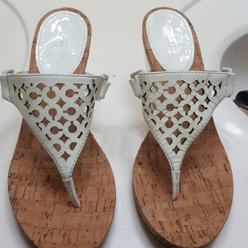 Coach white cork thong wedge sandals
